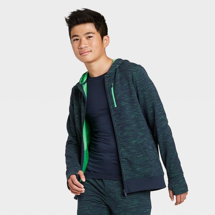 Boys' French Terry Full Zip Hoodie - All In Motion Dark Blue Heather S, Boy's, Size: Small, Dark Blue Grey