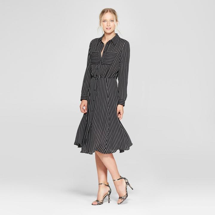 Women's Striped Convertible Sleeve Midi Shirt Dress - Who What Wear Black/white Xs, Black/white