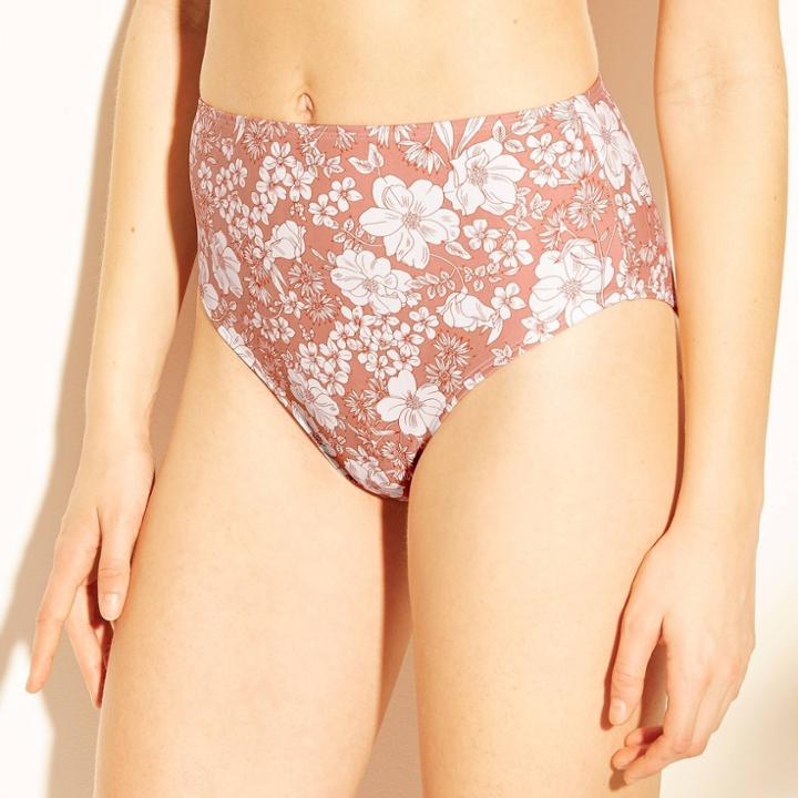 Women's High Leg High Waist Bikini Bottom - Xhilaration Clay Floral