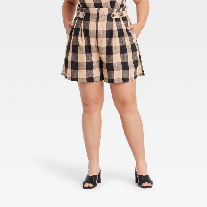 Women's Plus Size Button Detail Paperbag Shorts - Who What Wear Black Checker