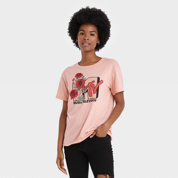 Women's Mtv Floral Print Short Sleeve Graphic T-shirt - Pink