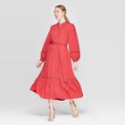 Women's Eyelet Long Sleeve V-neck Front Tie Loose Fit Trim Maxi Dress - Who What Wear Cardinal Red