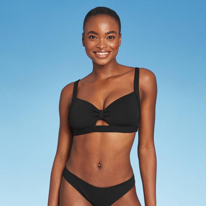 Women's Knot-front Crepe Textured Bralette Bikini Top - Shade & Shore Black D/dd Cup