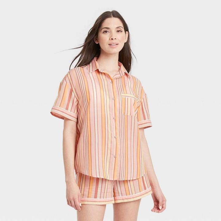 Women's Striped Simply Cool Short Sleeve Button-up Shirt - Stars Above Coral