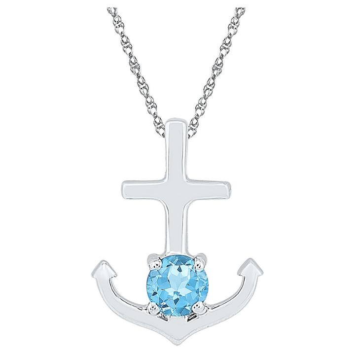 Target Round Blue Topaz Anchor Pendant In Sterling Silver, Women's, White