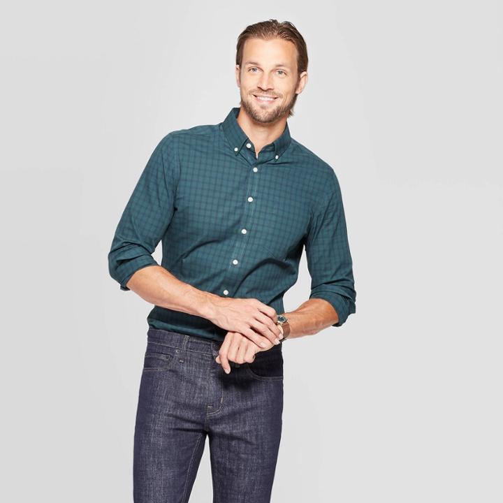 Men's Plaid Slim Fit Long Sleeve Button-down Shirt - Goodfellow & Co Dark Green