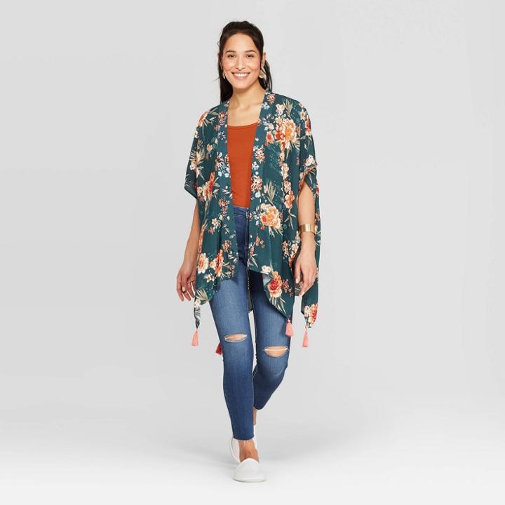Women's Floral Print Elbow Sleeve Open-front Kimono Jacket - Knox Rose Green