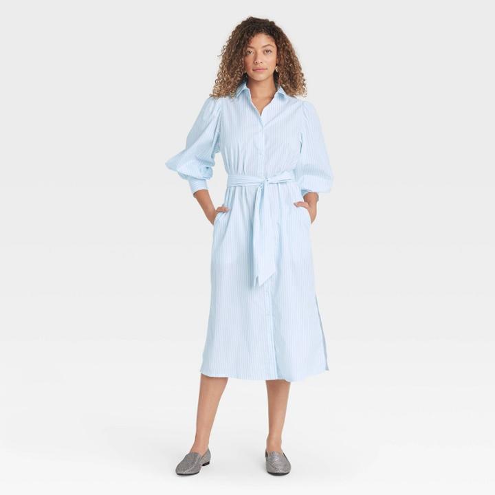 Women's Striped Long Sleeve High Cuff Shirtdress - A New Day Blue