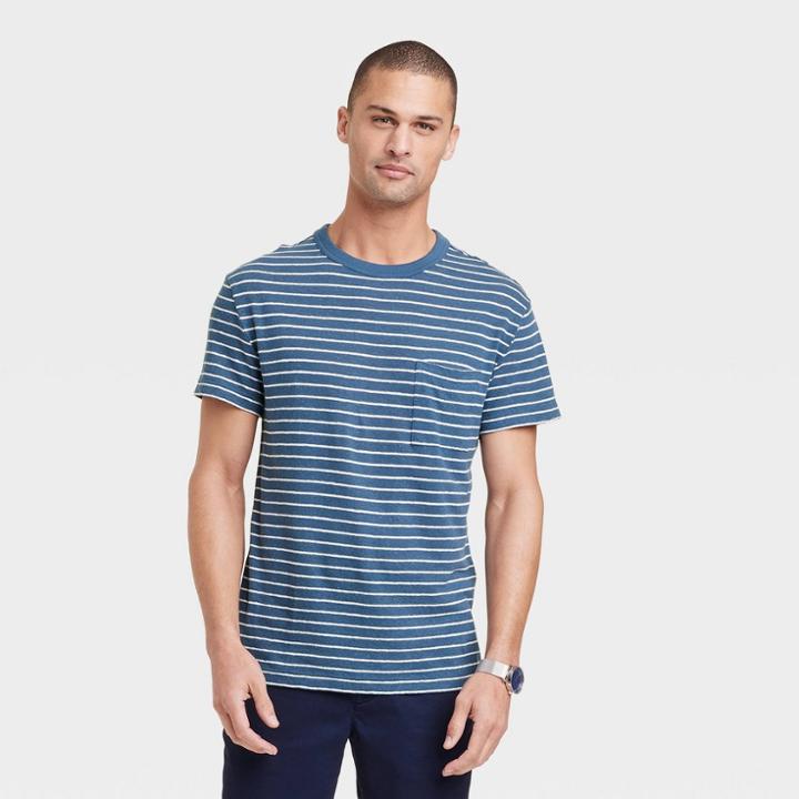 Men's Standard Fit Short Sleeve Hemp Cotton T-shirt - Goodfellow & Co Navy Blue/striped