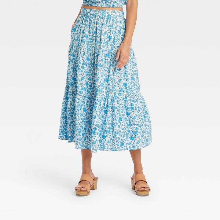 Women's Tiered Midi Skirt - Universal Thread Blue Floral