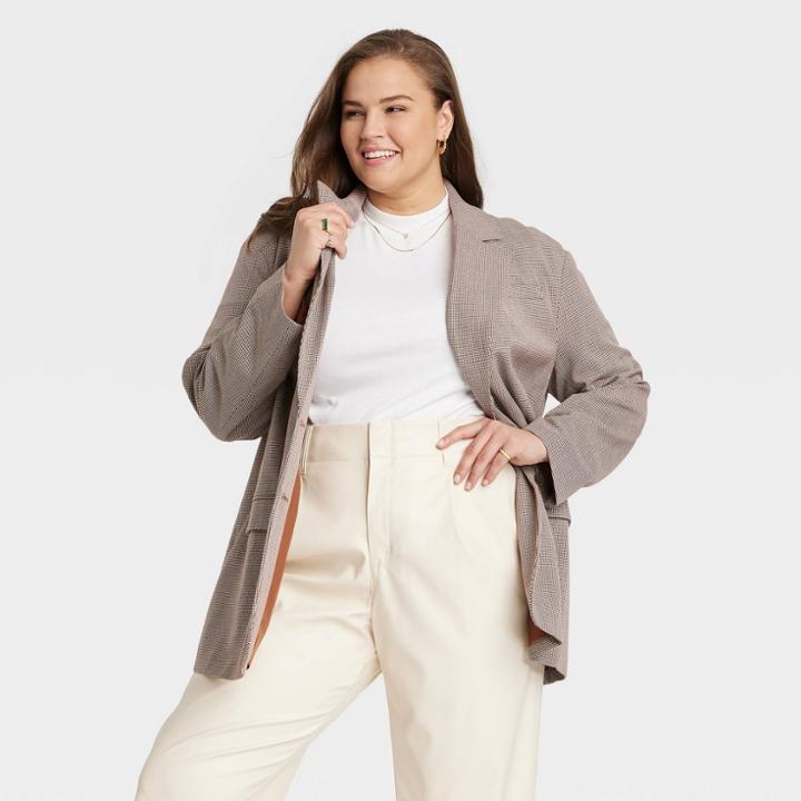 Women's Plus Size Boxy Blazer - A New Day Brown Houndstooth