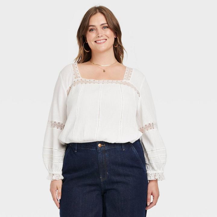 Women's Plus Size Balloon Long Sleeve Cropped Blouse - Universal Thread White