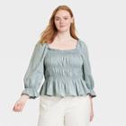Women's Plus Size Balloon 3/4 Sleeve Smocked Peplum Top - Who What Wear Blue