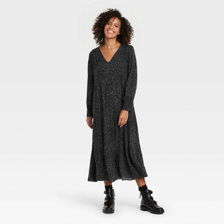 Women's Leopard Print Long Sleeve Tiered Dress - A New Day Black