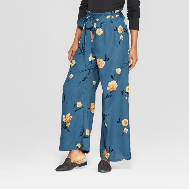 Women's Floral Print Paperbag Waist Wide Leg Pants - Xhilaration Indigo (blue)