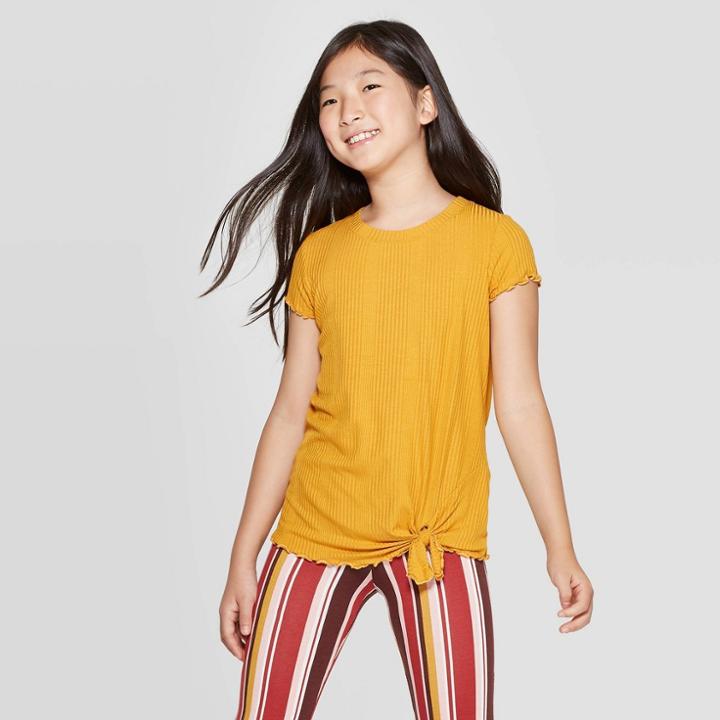 Petitegirls' Short Sleeve Knot Front Lettuce Edge T-shirt - Art Class Yellow