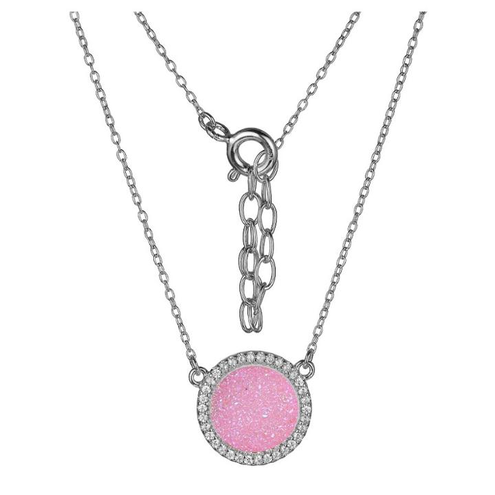 Sterling Silver Genuine Pink Druzy And Cubic Zirconia Halo Necklace - 16 + 2 Extender, Girl's, Size: Large, Pink/silver