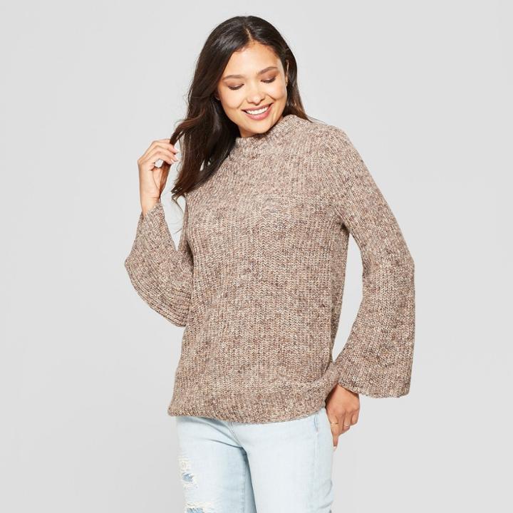 Women's Bell Sleeve Mock Neck Pullover - Jillian Nicole - Brown