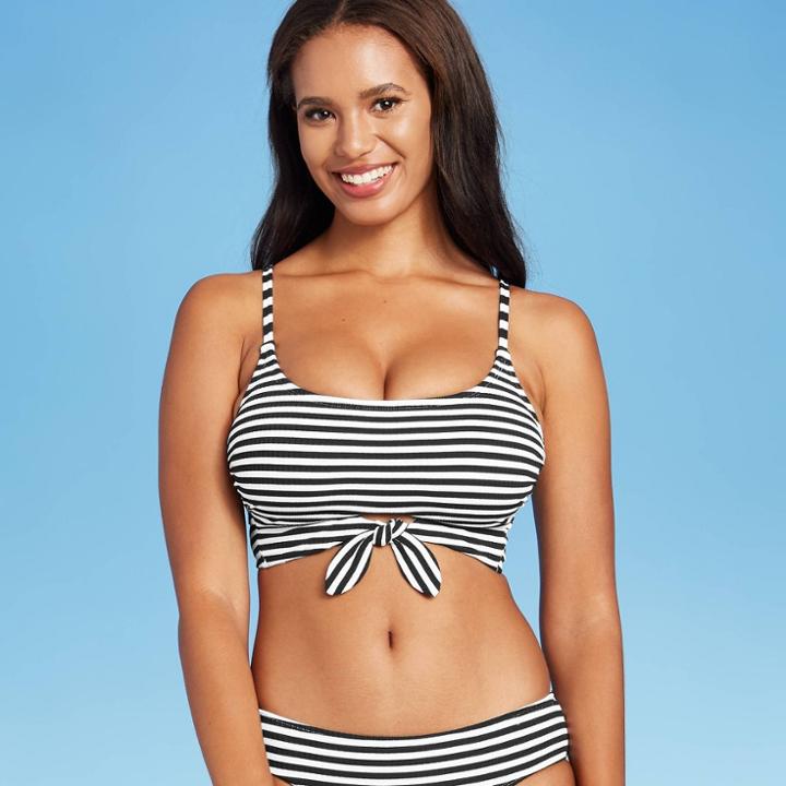 Juniors' Ribbed Tie-front Bralette Bikini Top - Xhilaration Black Stripe D/dd Cup