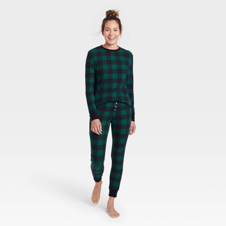 Women's Plaid Thermal Pajama Set - Stars Above Green