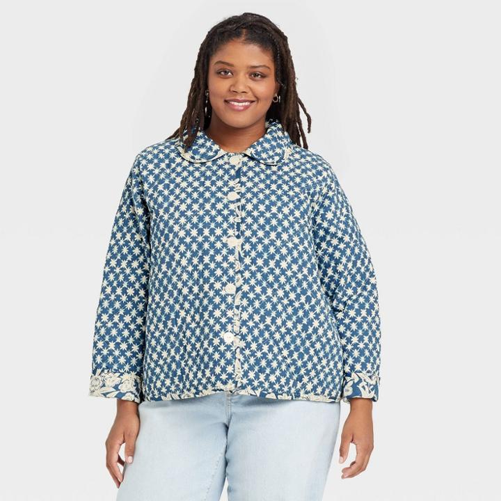 Women's Plus Size Quilted Button-front Jacket - Universal Thread Blue Ikat