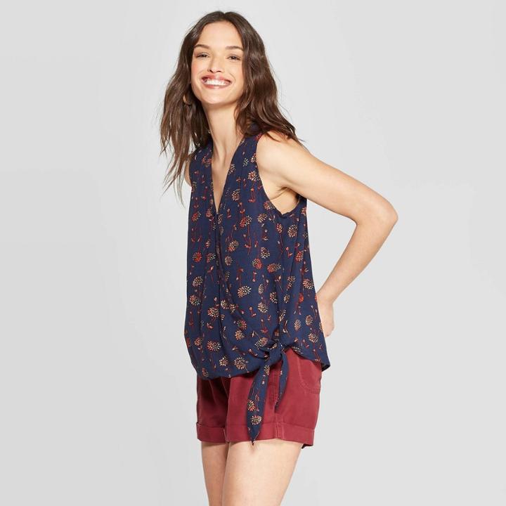 Women's Floral Print Sleeveless V-neck Printed Wrap Top - Universal Thread Navy