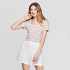 Women's Striped Regular Fit Short Sleeve Square Neck Knit T-shirt - A New Day Rust