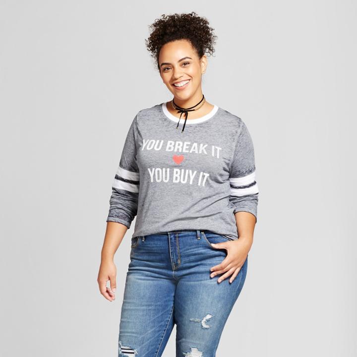 Modern Lux Women's Plus Size Long Sleeve You Break It You Buy It Varsity Graphic T-shirt Navy 3x - Modern