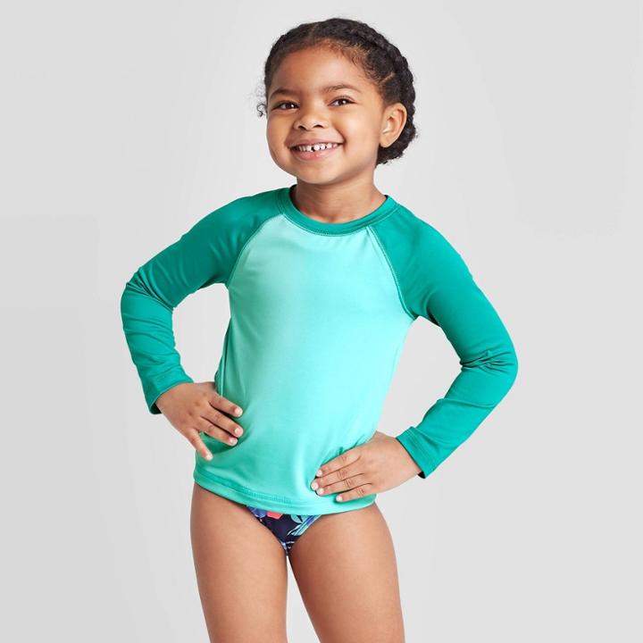 Toddler Girls' Long Sleeve Raglan Top Rash Guard - Cat & Jack Blue 12m, Toddler Girl's