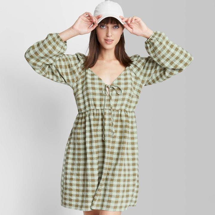 Women's Long Sleeve Tie-front Muse Dress - Wild Fable Sage Green Gingham Check