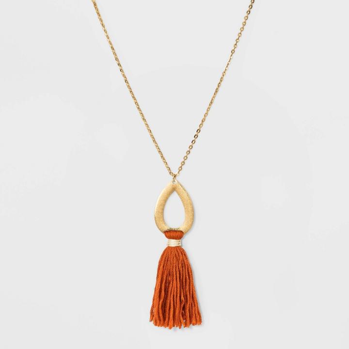 Smooth Teardrop With Woven Tassel Pendant Necklace - Universal Thread Rust, Red