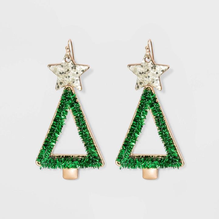 No Brand Tinsel Christmas Tree Drop Novelty Earrings - Green, Women's,