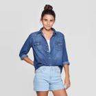 Women's Long Sleeve Collared Western Denim Shirt - Universal Thread Blue