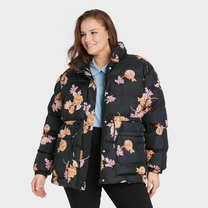 Women's Plus Size Puffer Jacket - Who What Wear Black Floral