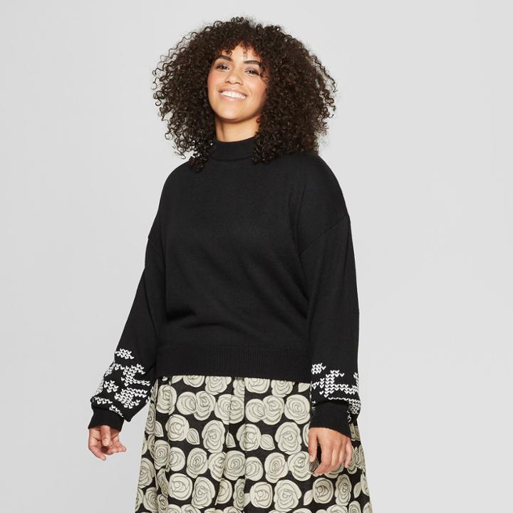 Women's Plus Size Long Embroidered Sleeve Crew Neck Sweater - Who What Wear Black
