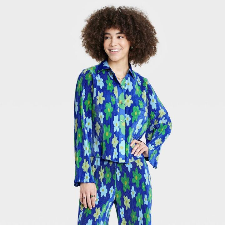 Black History Month Target X Sammy B Women's Cropped Button-down Shirt - Blue Floral