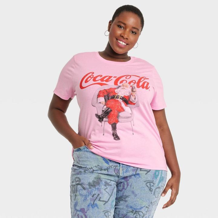 Women's Coca-cola Plus Size Santa Short Sleeve Graphic T-shirt - Pink