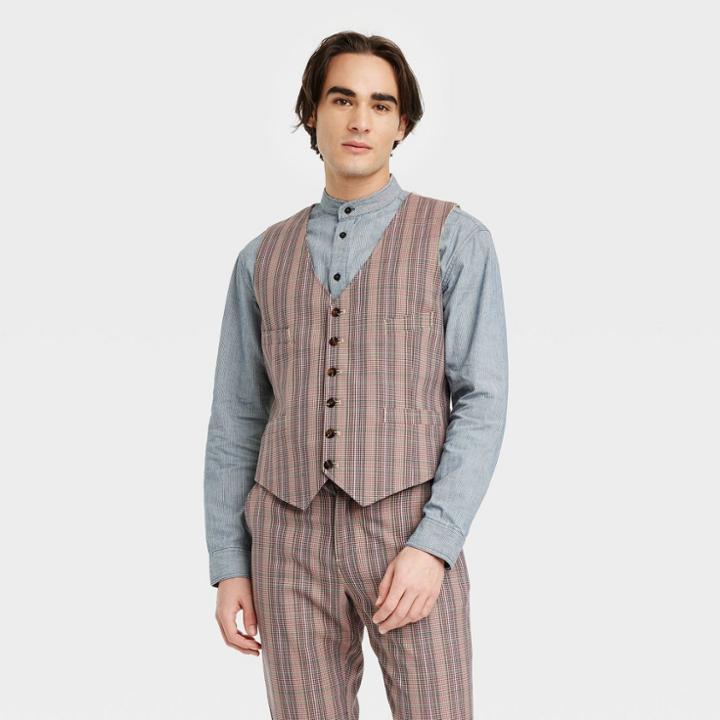 Houston White Adult Tailored Vest - Brown Plaid Xxs/xs