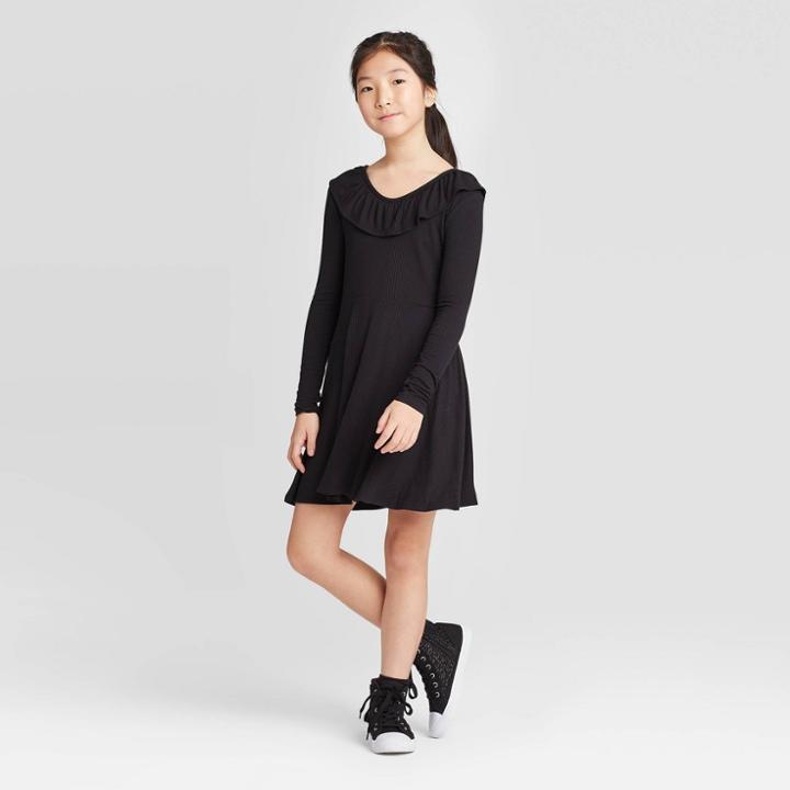 Girls' Long Sleeve Rib Ruffle Neck Dress - Art Class Black