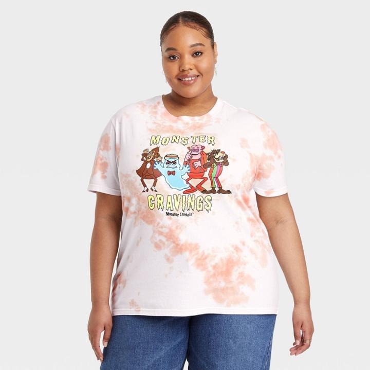 General Mills Women's Plus Size Halloween Creature Craving Short Sleeve Graphic T-shirt - Orange Tie-dye