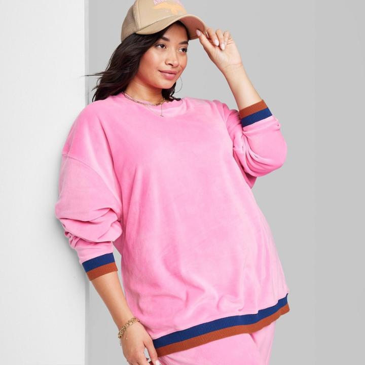 Women's Plus Size Ascot + Hart Velour Graphic Pullover Sweatshirt - Pink