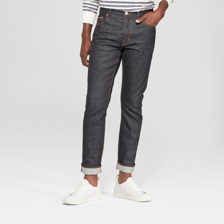 Men's Slim Fit Raw Stretch Selvedge Denim - Goodfellow & Co Dark Rinse