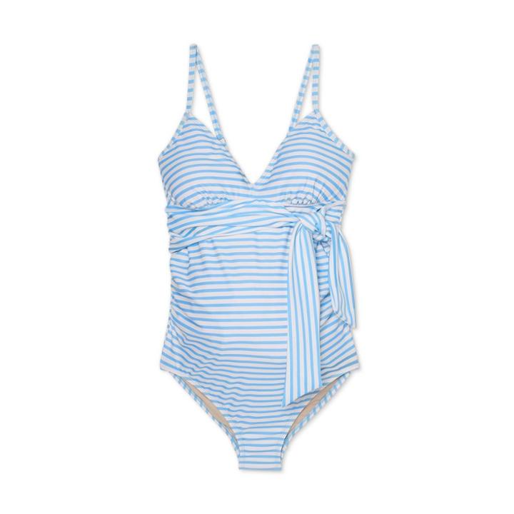 Maternity Striped Front-tie One Piece Swimsuit - Isabel Maternity By Ingrid & Isabel Blue/white