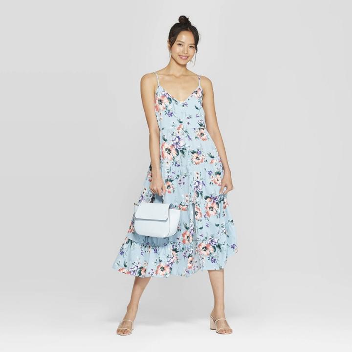 Women's Floral Print Strappy Button Front Tiered Midi Dress - Xhilaration Dusty Blue