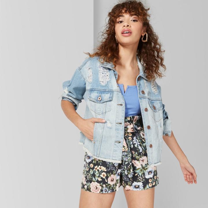 Women's Floral Print High-waist Paper Bag Shorts - Wild Fable Hematite Gray