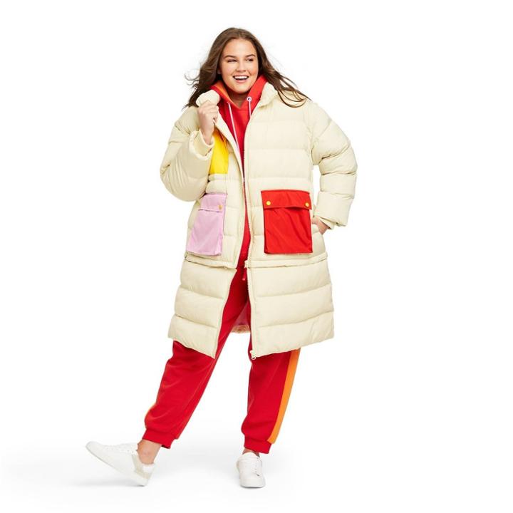 Women's Plus Size Contrast Pocket Convertible Zip-up Puffer Jacket - Lego Collection X Target Cream