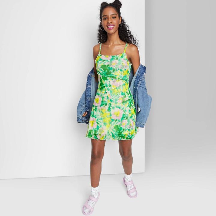 Women's Sleeveless Mesh Seamed Skater Dress - Wild Fable Green Floral