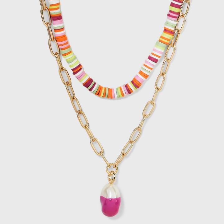 Heishe Beads With Dipped Pearl Necklace Set 2pc - A New Day Pink