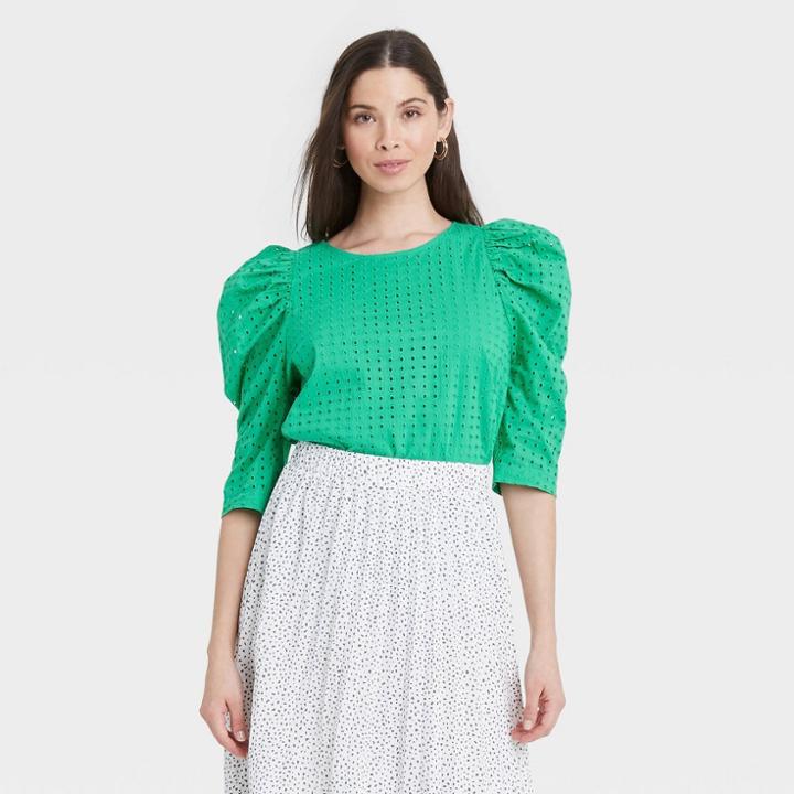 Women's 3/4 Sleeve Eyelet Top - A New Day Green