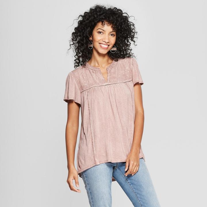 Women's Short Sleeve Lace Yoke Blouse - Knox Rose Pink